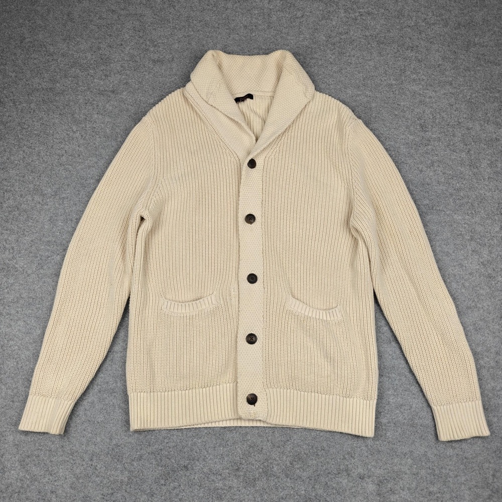 Quince Sweater Mens Large White 100% Organic Cotton Shawl Collar Knit Cardigan